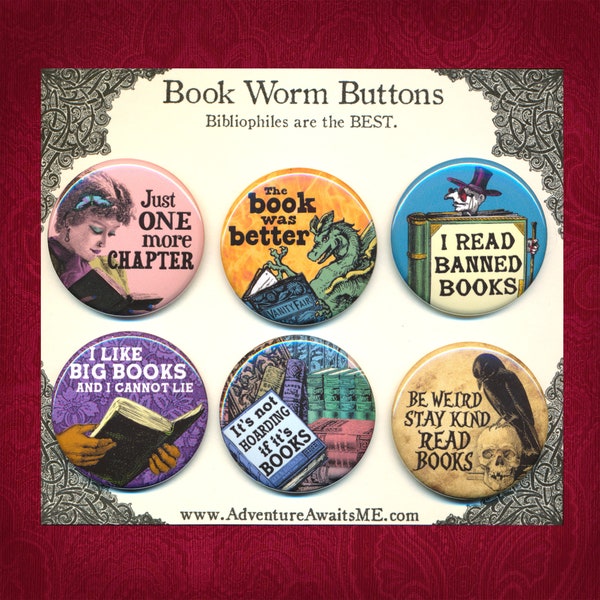 Book Worm Button Set - pins badges bookworm bibliophile reader writer author librarian english teacher sarcastic snarky weird humor funny