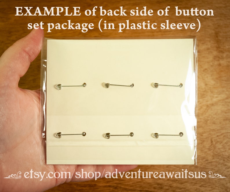 May include: A close-up of a white card with six silver button pins displayed on it. The card is in a clear plastic sleeve. The text "etsy.com/shop/adventureawaitsus" is printed on the bottom of the card.