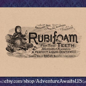 Rubifoam Dentifrício - Publicidade Vitoriana Impressa - Década de 1800, 20x25 cm, Pasta de dente da Nova Inglaterra, higiene bucal, dentista, higienista dental, curiosidade
