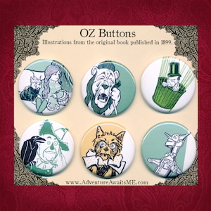 Wonderful Wizard of OZ Pinback Button Set Illustrations 1899 L Frank Baum Dorothy Lion tinman balloon scarecrow toto pins badges image 1