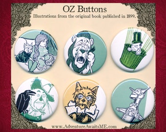 Wonderful Wizard of OZ Pinback Button Set - Illustrations 1899 L Frank Baum Dorothy Lion tinman balloon scarecrow toto pins badges