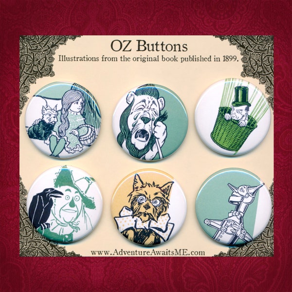 Wonderful Wizard of OZ Pinback Button Set - Illustrations 1899 L Frank Baum Dorothy Lion tinman balloon scarecrow toto pins badges