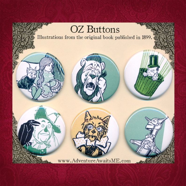 Wonderful Wizard of OZ Pinback Button Set Illustrations 1899 L Frank Baum Dorothy Lion tinman balloon scarecrow toto pins badges image 1