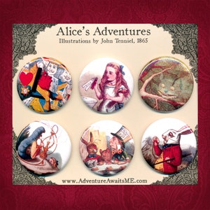 Alice in Wonderland Pinback Button Set - Lewis Carroll pin badge Queen of Hearts Mad Hatter March Hare tea party Cheshire Cat white rabbit