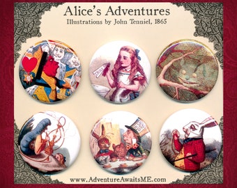 Alice in Wonderland Pinback Button Set - Lewis Carroll pin badge Queen of Hearts Mad Hatter March Hare tea party Cheshire Cat white rabbit