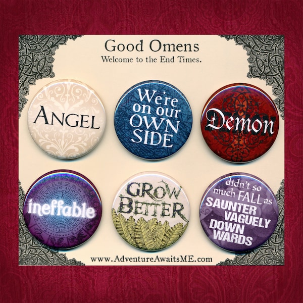 Good Omens Pinback Button Set - pins badges angel demon crowley aziraphale ineffable book tv show apocalypse supernatural heaven hell earth