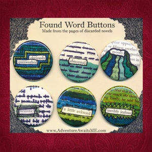 Overworked Found Word Pinback Button Set - book pages recycled pins badges overworked reader writer librarian english teacher snarky humor