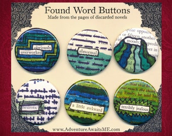 Overworked Found Word Pinback Button Set - book pages recycled pins badges overworked reader writer librarian english teacher snarky humor