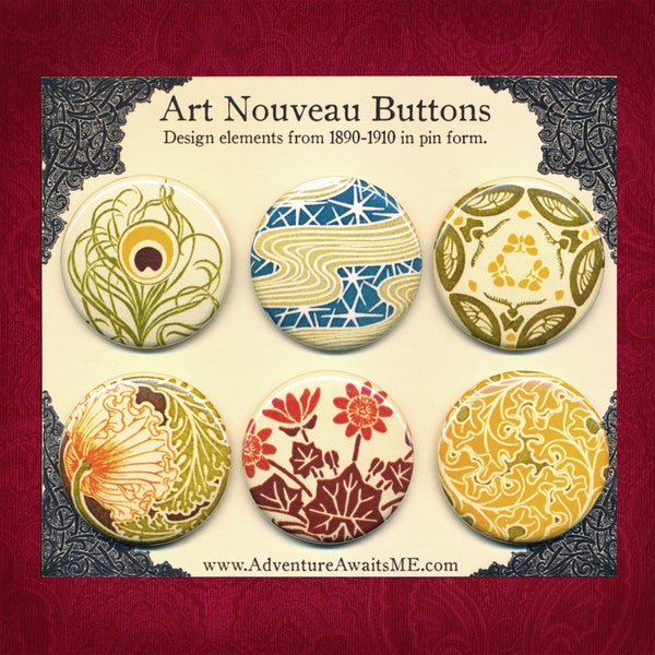 Art Nouveau Pinback Button Set - peacock feathers flowers leaves moths design ornament art deco illustration elegant vintage