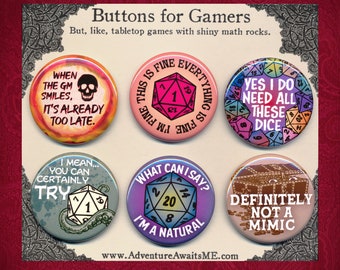 Gamers Pinback Button Set - pins badges gamers larp dice table top game quest poor choices funny snarky dnd dragon monster