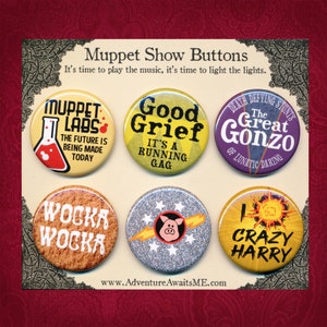 The Muppet Show Button Set - fan art tv pin badge pinback muppet labs kermit fozzie wocka gonzo pigs in space crazy harry