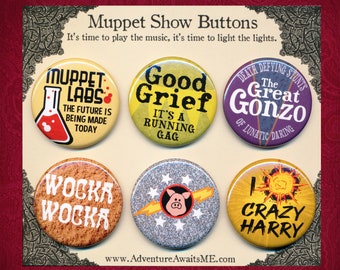 The Muppet Show Button Set - fan art tv pin badge pinback muppet labs kermit fozzie wocka gonzo pigs in space crazy harry