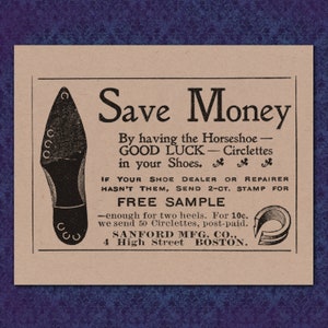 Hufeisen Circlettes - viktorianischen Werbung - 1800 Druck 8 x 10 New England Schuh Glück Boston Glück Schutzamulett sparen Geld