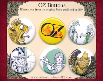 Wonderful Wizard of OZ Pinback Button Set - Illustrations 1899 L Frank Baum Dorothy Lion tinman heart flying monkey wicked witch pins badges