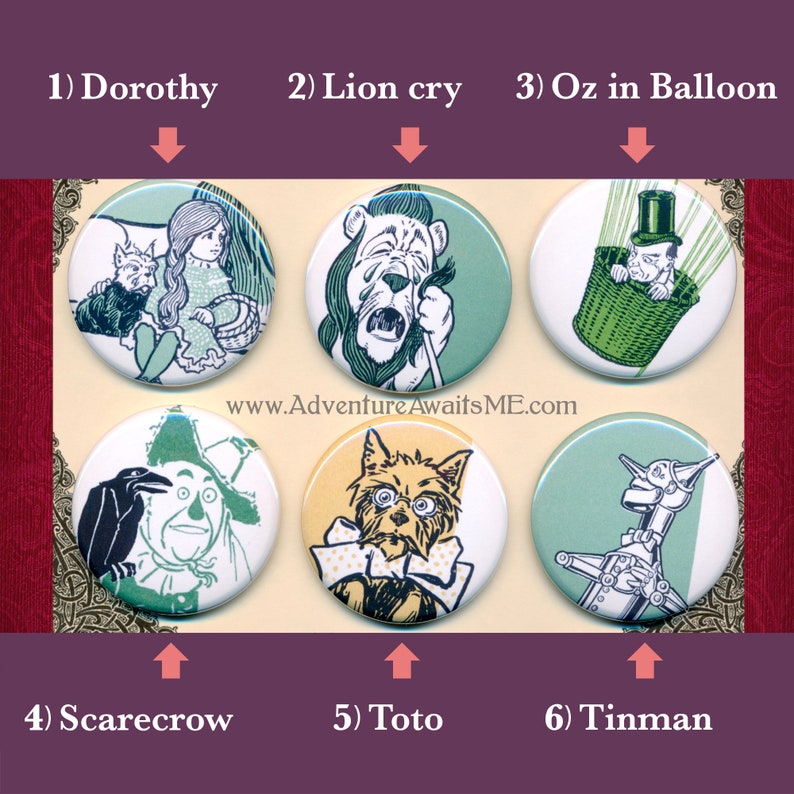 Wonderful Wizard of OZ Pinback Button Set Illustrations 1899 L Frank Baum Dorothy Lion tinman balloon scarecrow toto pins badges image 2
