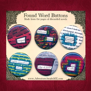 Evil is Silly Found Word Pinback Button Set - book pages recycled pins badge reader author writer librarian english teacher snarky humor