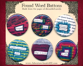 Evil is Silly Found Word Pinback Button Set - book pages recycled pins badge reader author writer librarian english teacher snarky humor