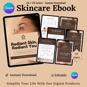 Op de afbeelding: Een digitale ebook-omslag met een bruine achtergrond en een titel die "Skincare Ebook" luidt. De omslag toont een vrouw met stralende huid en de tekst "Radiant Skin, Radiant You" in een wit kader. Het ebook is een moderne gids voor huidverzorging en bevat 29 pagina's.