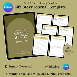 Modelo de diário de história de vida, livro de memórias guiado para impressão, presente de legado familiar, livro de exercícios de história pessoal, lembrança digital de história de vida