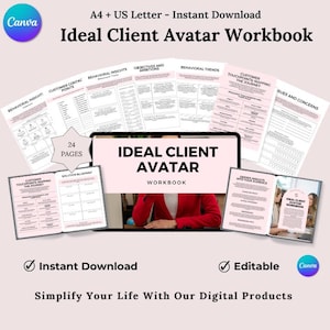 Puede incluir: Un libro de trabajo digital rosa y blanco titulado "Ideal Client Avatar Workbook" con 24 páginas. El libro de trabajo está abierto en una página con una tabla titulada "Customer Touchpoints Mapping the Journey". El libro de trabajo se muestra en la pantalla de una computadora portátil con una mujer con una blusa roja sentada frente a la computadora portátil. El texto "Descarga instantánea" y "Editable" es visible en la parte inferior de la imagen.