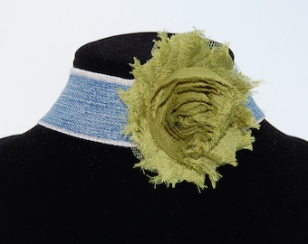 Recycled Denim Choker with tattered rose - custom colors/size