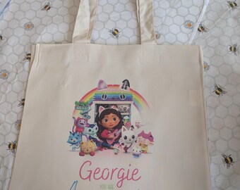 Gabby Doll house tote bag. Personalised Gabby dollhouse gift. School bag. Swim bag. Gift bag. Shopping bag. Custom canvas bag.