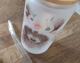 Racoon Glass Tumbler with Lid and Straw: Flower Patterned Design