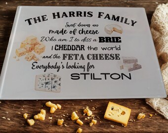 Cheese lover. Cheese board. Cheese themed glass chopping board. Gift for a cheese lover
