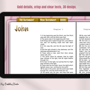 May include: A close-up of a tablet screen displaying a digital version of the book of John from the New Testament. The text is in black and white with gold accents. The chapter number and title are visible at the top of the screen.