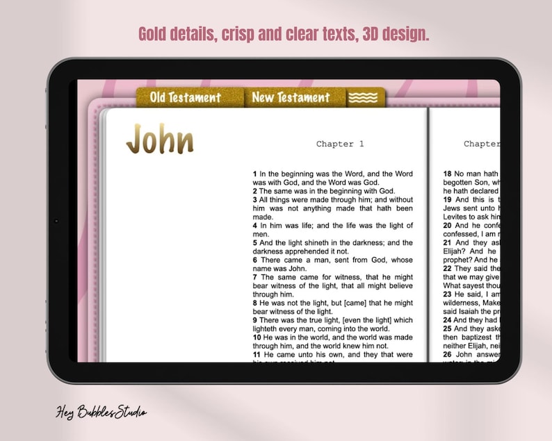May include: A close-up of a tablet screen displaying a digital version of the book of John from the New Testament. The text is in black and white with gold accents. The chapter number and title are visible at the top of the screen.