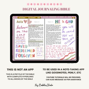 May include: A digital Bible app interface with a pink and white colour scheme. The screen shows the book of Acts, with the words "believe on the Lord Jesus" and "saved redeemed forgiven" written in colourful script. The text "HE is GOOD you will be saved YOU and YOUR HOUSEHOLD" is also visible on the screen.