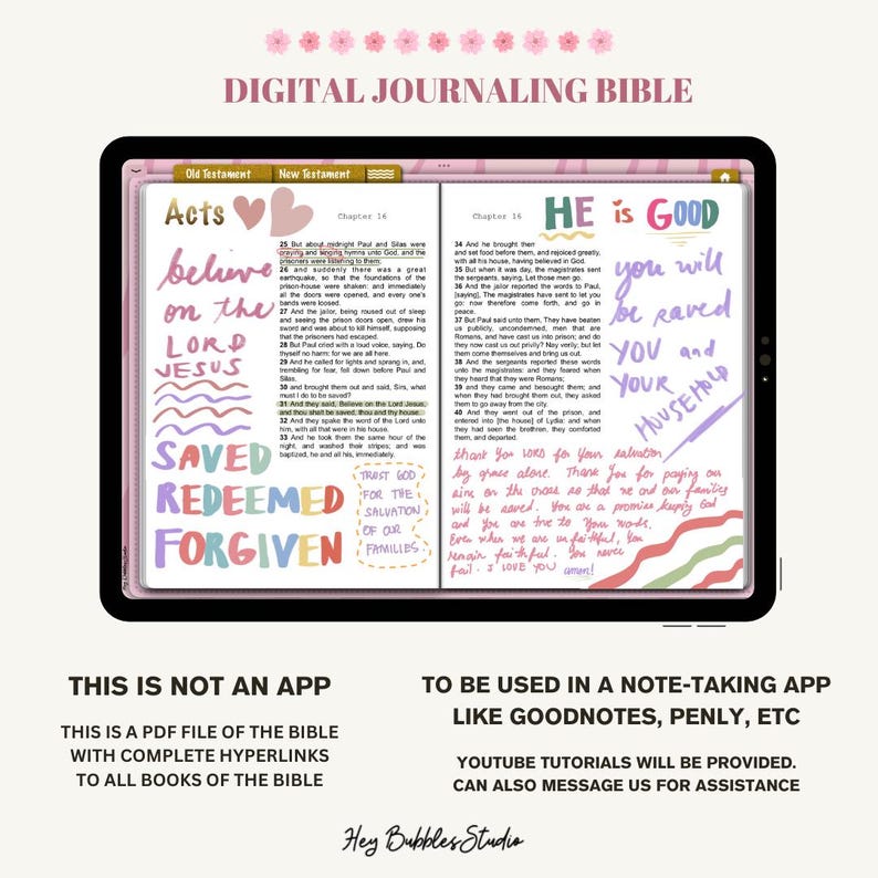 May include: A digital Bible app interface with a pink and white colour scheme. The screen shows the book of Acts, with the words "believe on the Lord Jesus" and "saved redeemed forgiven" written in colourful script. The text "HE is GOOD you will be saved YOU and YOUR HOUSEHOLD" is also visible on the screen.