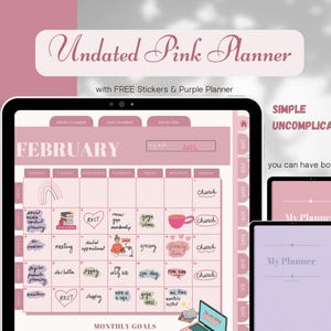 Pink and Purple Undated Digital Planner – Monthly, Weekly, Daily with Stickers Included) simple uncomplicated