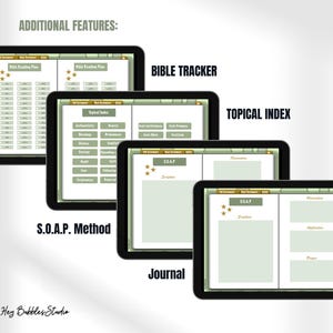 May include: A digital planner with several features for Bible study, including Bible reading plans, a topical index, a SOAP method, and a journal. The planner has a green and gold colour scheme.