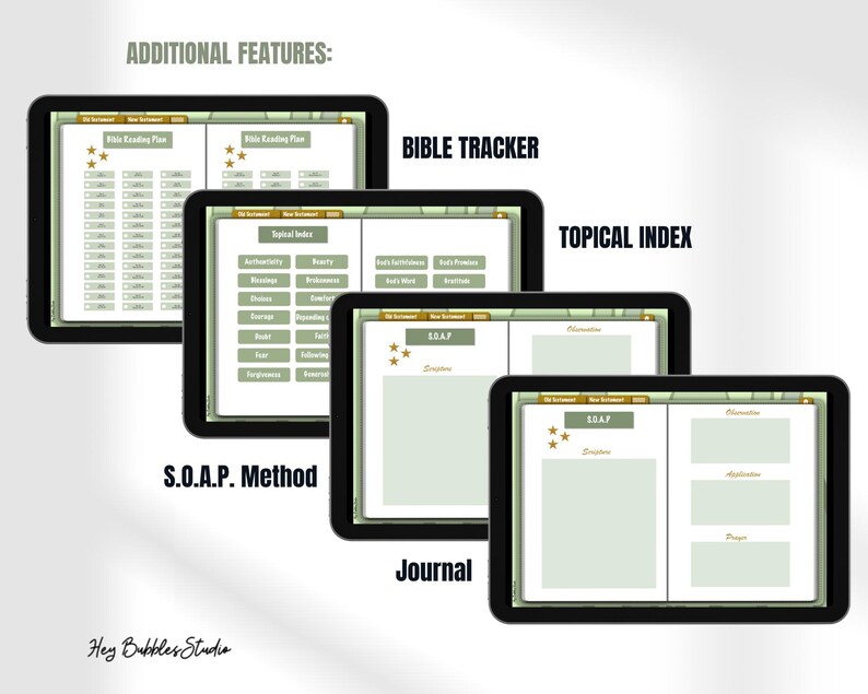May include: A digital planner with several features for Bible study, including Bible reading plans, a topical index, a SOAP method, and a journal. The planner has a green and gold colour scheme.