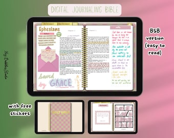 Biblia digital con diario en rosa y verde/Biblia digital en espiral/Devocional/SOAP/Antiguo Testamento/Nuevo Testamento/Escritura/BSB