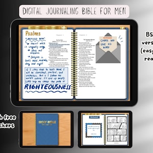 May include: Digital journaling Bible for men displayed on a tablet, with additional images of a physical Bible and a journal. The main image shows open pages with handwritten notes and scripture. Text includes "Psalms" and "Choose God, Love His Word."