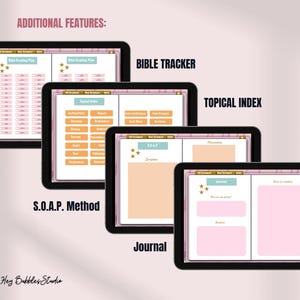 May include: A digital planner with a pink and gold theme. The planner includes sections for Bible reading plans, a topical index, a SOAP method, a journal, and a Bible tracker.