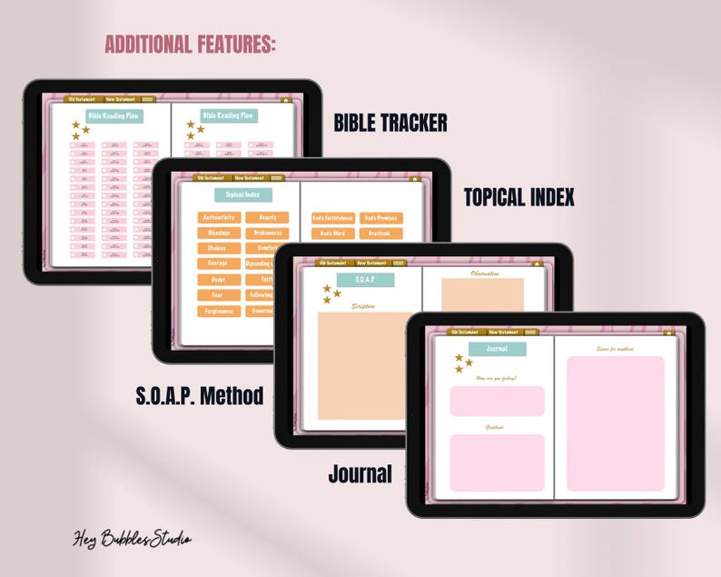 May include: A digital planner with a pink and gold theme. The planner includes sections for Bible reading plans, a topical index, a SOAP method, a journal, and a Bible tracker.