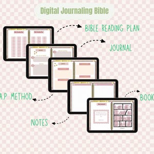 May include: Digital Journaling Bible displayed on several black tablets. The tablets show different pages, including a Bible reading plan, journal, notes, and bookshelf. The text "Digital Journaling Bible" is at the top.