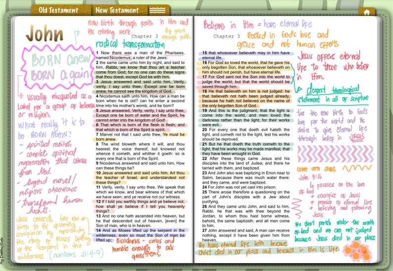 May include: A handwritten page of notes about the biblical story of John the Baptist. The notes are written in colourful ink and include the text "Born anew, Born again" and "Jesus offers eternal life to those who believe in him".