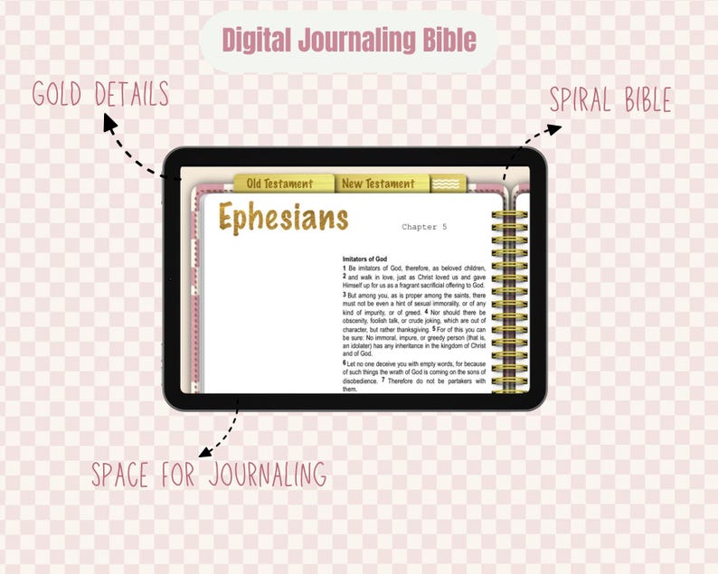 Puede incluir: Biblia digital de diario en una tableta, con el texto "Efesios" y "Cap&iacute;tulo 5". El libro digital tiene detalles dorados y una encuadernaci&oacute;n en espiral. El fondo es rosa claro, con espacio para escribir.
