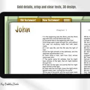 May include: A close-up of a digital tablet displaying a page from the book of John in the Bible. The text is in black and white with gold accents. The page is titled "John" and "Chapter 1". The text is in a traditional font style.