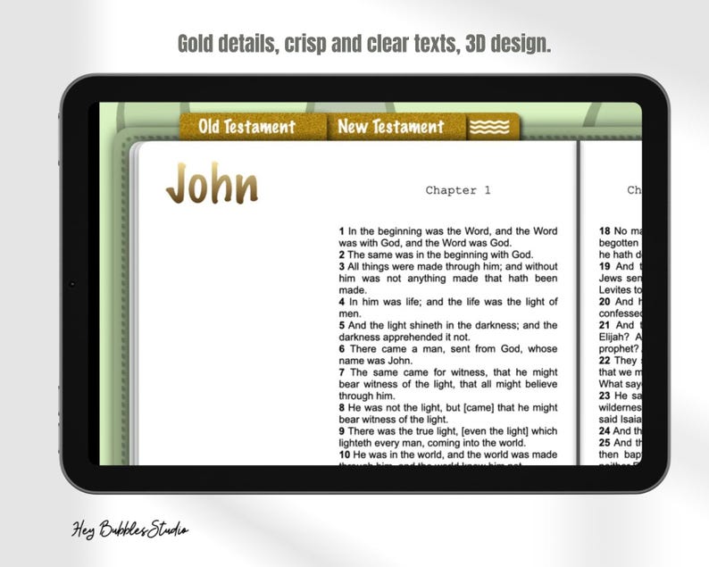 May include: A close-up of a digital tablet displaying a page from the book of John in the Bible. The text is in black and white with gold accents. The page is titled "John" and "Chapter 1". The text is in a traditional font style.