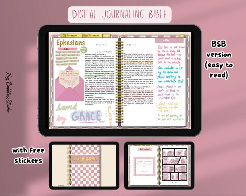 Digital Journaling Bible in Pink/ Spiral Digital Bible /Devotional/SOAP/ Old Testament/ New Testament/ Scripture/ Bible Bookshelf / BSB