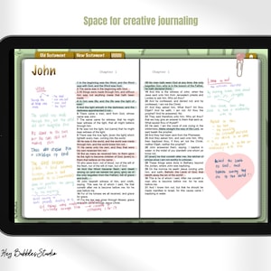 May include: A digital tablet displaying a page from the Bible, the book of John, with handwritten notes in various colours. The tablet is on a green background with the text "Space for creative journaling".