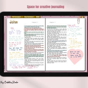 May include: A close-up of a digital tablet displaying an open Bible app with handwritten notes in various colours. The app is open to the book of John, chapters 1 and 18. The text "Those who receive Him are children of God" is written in pink on the left side of the screen. The text "Behind the lambs is God, and the Lambs carry the sins of the world" is written in blue on a pink heart sticker on the right side of the screen.
