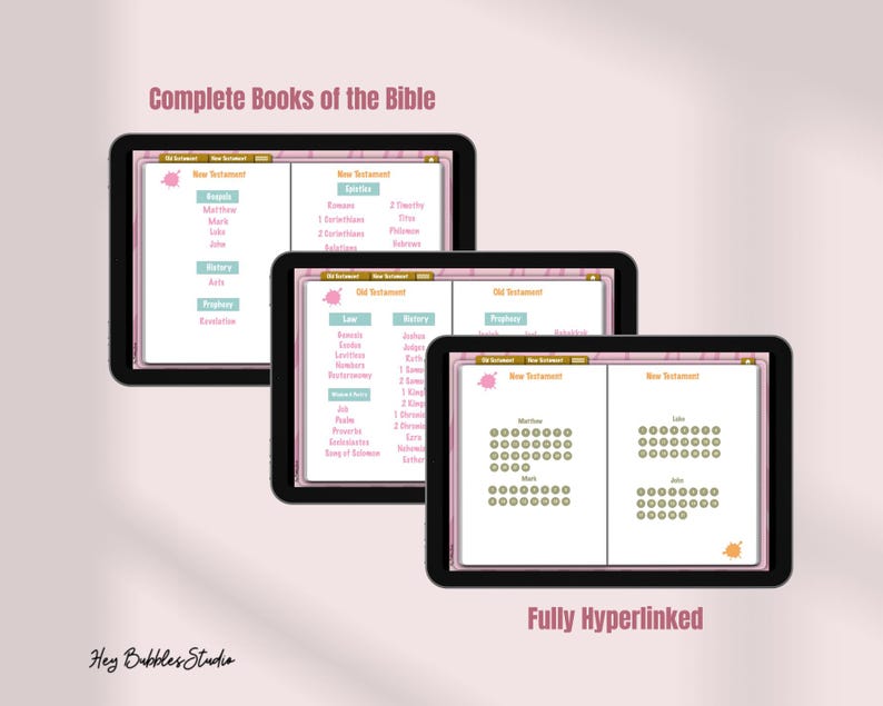 May include: Three screenshots of a digital Bible app displaying the complete books of the Bible, organised by New Testament and Old Testament. The app is fully hyperlinked, enabling users to easily navigate between books and chapters.