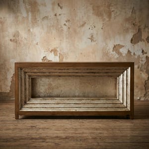 May include: A rectangular wooden console table with a layered, recessed design. The table features a warm, natural wood finish with a silver-leafed interior. The design creates a series of nested frames, adding depth and visual interest. The table is set against a textured, aged wall.