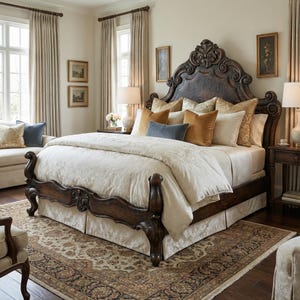 K&ouml;nnte beinhalten: Ein luxuri&ouml;ses Schlafzimmer mit einem dunklen Holzbetthaupt und einem verzierten Kopfteil. Das Bett ist mit einer cremefarbenen Bettdecke und Kissen in Gold-, Blau- und Cremet&ouml;nen bedeckt. Ein gemusterter Teppich und passende Vorh&auml;nge vervollst&auml;ndigen die elegante Einrichtung.